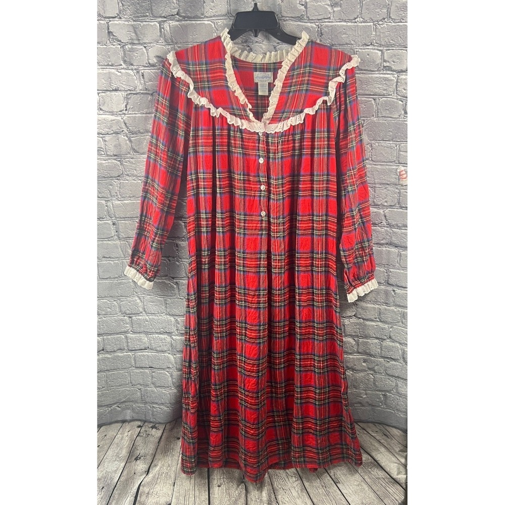 Lanz of Salzburg Flannel Nightgown Red Plaid Size L Long Eyelet Lace Trim